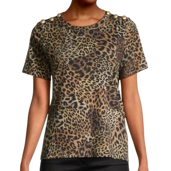 Veronica Beard Carla Leopard Print Crewneck Tee With Button Detail Pima Cotton M - Picture 2 of 10